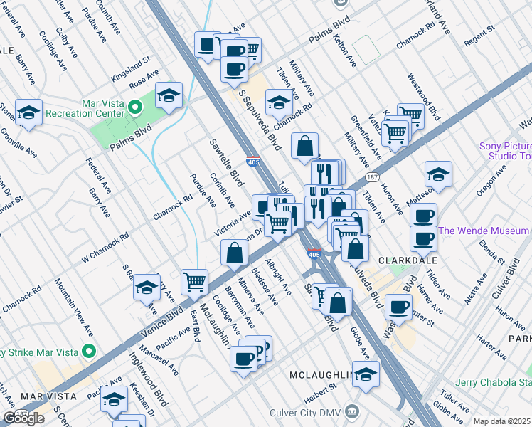 map of restaurants, bars, coffee shops, grocery stores, and more near 3734 Sawtelle Boulevard in Los Angeles