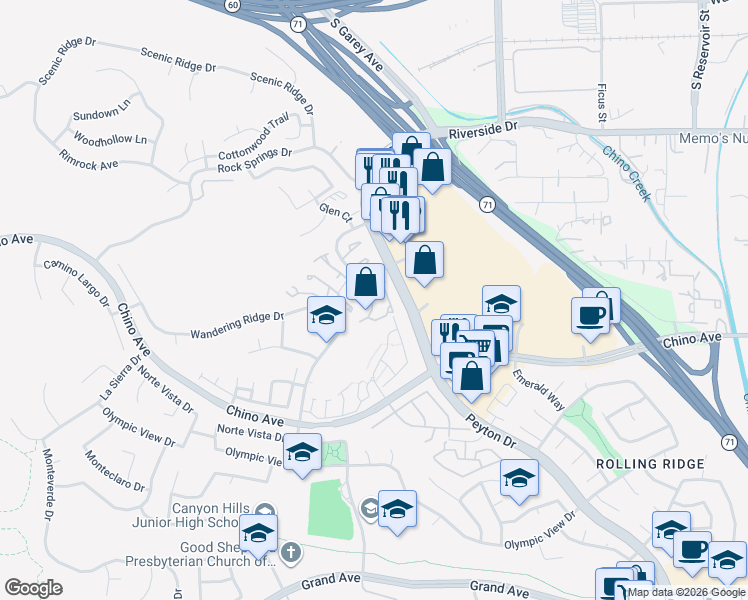 map of restaurants, bars, coffee shops, grocery stores, and more near 13263 Sonrisa Drive in Chino Hills