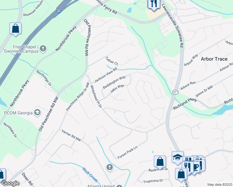 map of restaurants, bars, coffee shops, grocery stores, and more near 645 Ruxbury Court in Suwanee