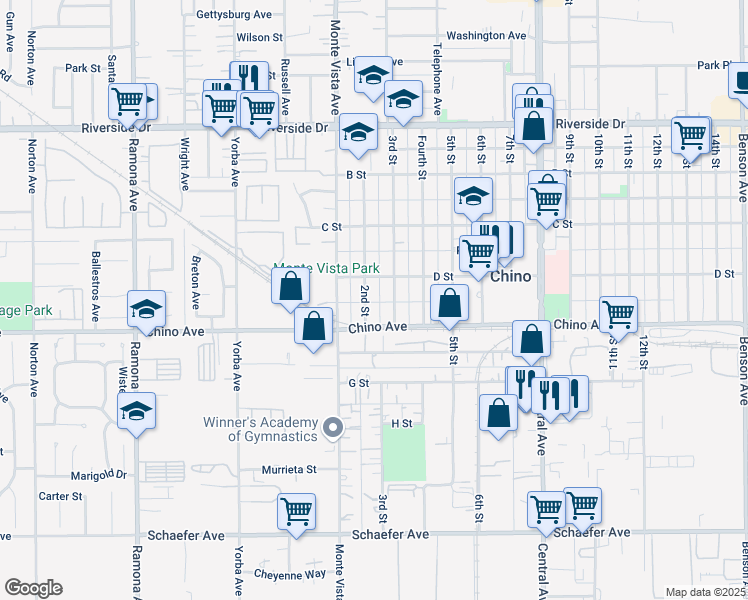 map of restaurants, bars, coffee shops, grocery stores, and more near 13239 2nd Street in Chino