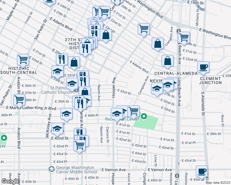 map of restaurants, bars, coffee shops, grocery stores, and more near 1319 East 41st Street in Los Angeles