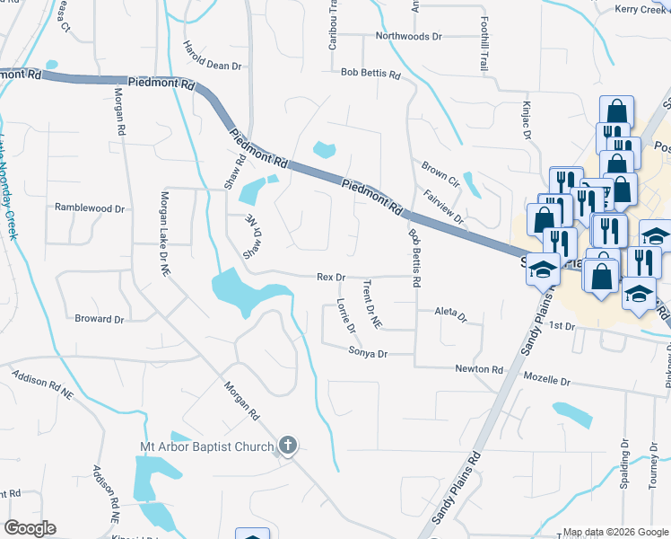 map of restaurants, bars, coffee shops, grocery stores, and more near 1628 Rex Drive in Marietta