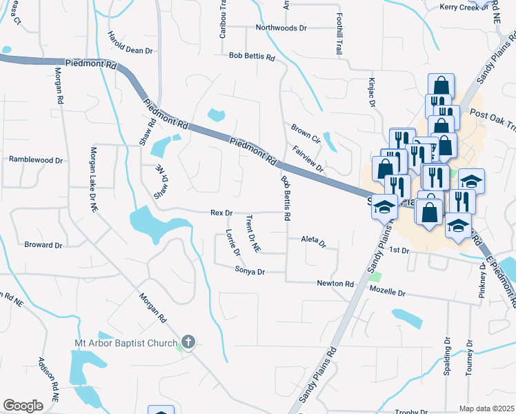 map of restaurants, bars, coffee shops, grocery stores, and more near 1643 Rex Drive in Marietta