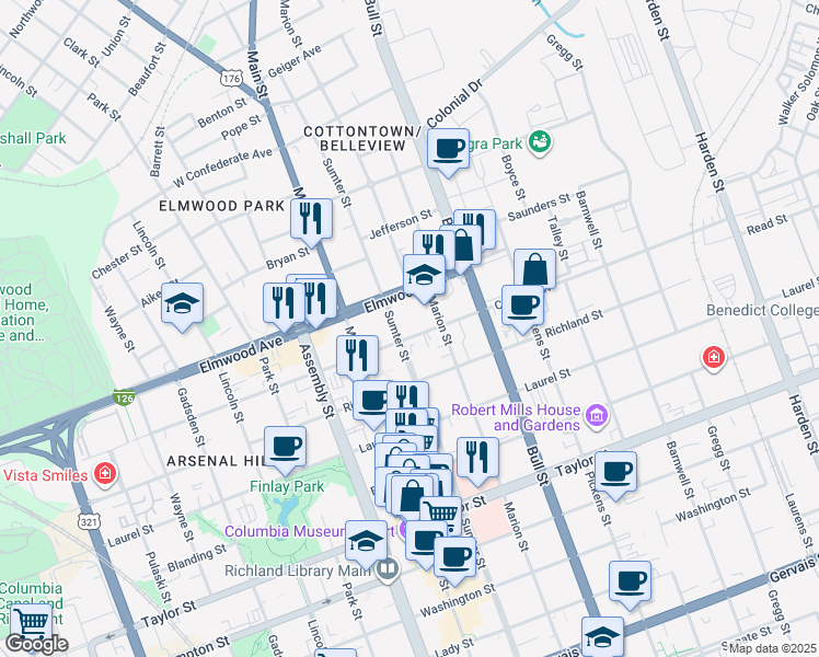 map of restaurants, bars, coffee shops, grocery stores, and more near 1307 Calhoun Street in Columbia