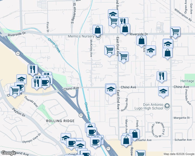 map of restaurants, bars, coffee shops, grocery stores, and more near 3516 Larkwood Drive in Chino
