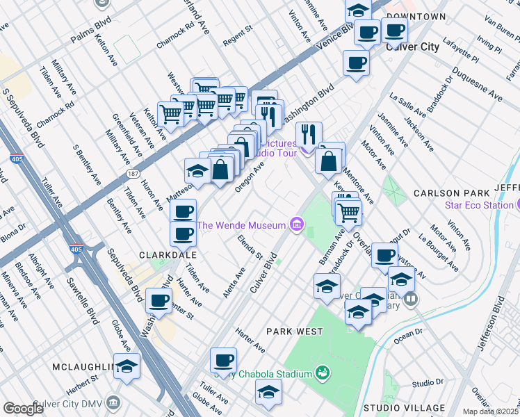 map of restaurants, bars, coffee shops, grocery stores, and more near 3974 Astaire Avenue in Culver City