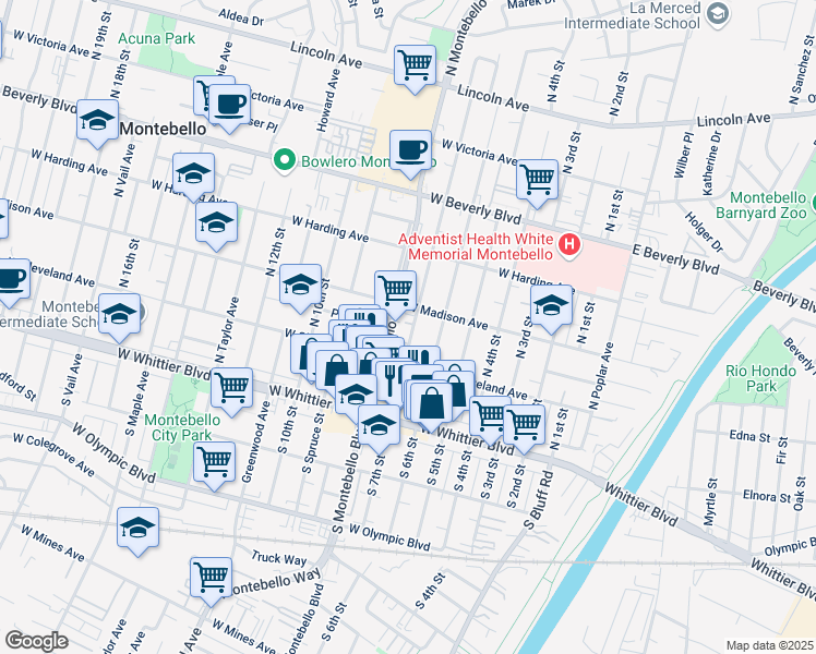 map of restaurants, bars, coffee shops, grocery stores, and more near 225 North 7th Street in Montebello