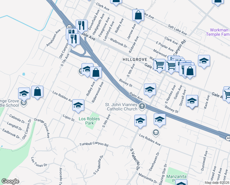 map of restaurants, bars, coffee shops, grocery stores, and more near 1314 Kinbrae Avenue in Hacienda Heights