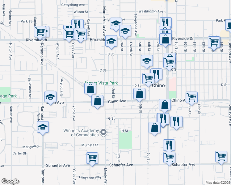 map of restaurants, bars, coffee shops, grocery stores, and more near 13239 2nd Street in Chino