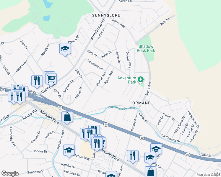 map of restaurants, bars, coffee shops, grocery stores, and more near 6401 33rd Street in Riverside