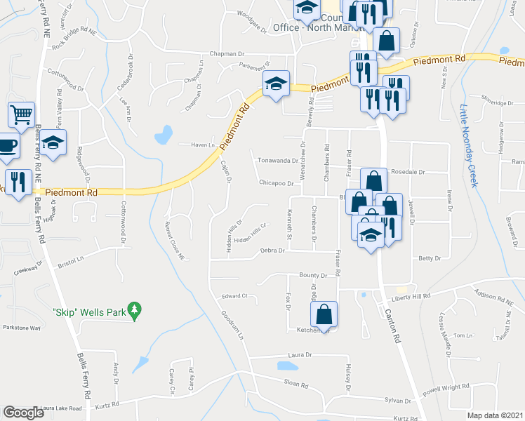 map of restaurants, bars, coffee shops, grocery stores, and more near 2542 Hidden Hills Drive in Marietta