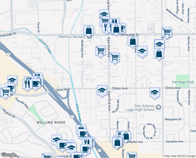 map of restaurants, bars, coffee shops, grocery stores, and more near 3630 Larkwood Drive in Chino