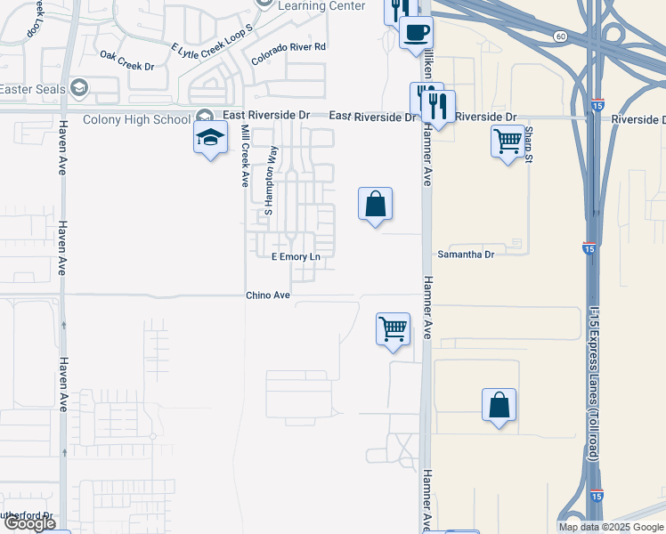 map of restaurants, bars, coffee shops, grocery stores, and more near 4098 East Emory Lane in Ontario