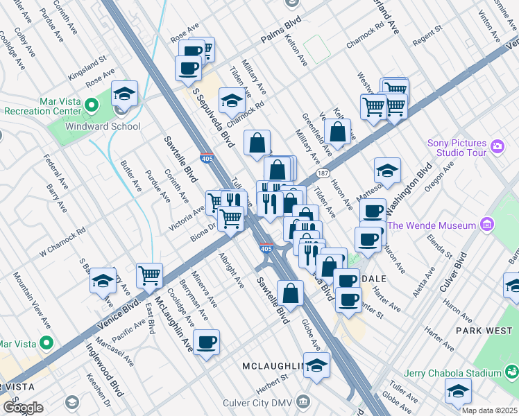 map of restaurants, bars, coffee shops, grocery stores, and more near in Los Angeles