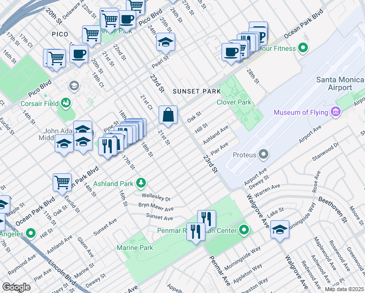 map of restaurants, bars, coffee shops, grocery stores, and more near 2124 Hill Street in Santa Monica