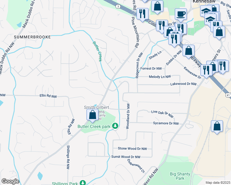 map of restaurants, bars, coffee shops, grocery stores, and more near 3006 Butler Creek Road Northwest in Kennesaw