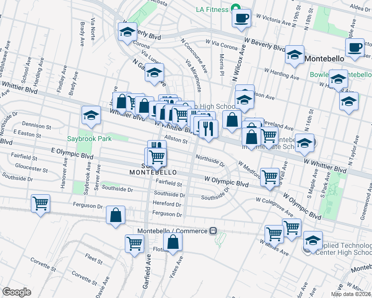 map of restaurants, bars, coffee shops, grocery stores, and more near 6674 Northside Drive in East Los Angeles