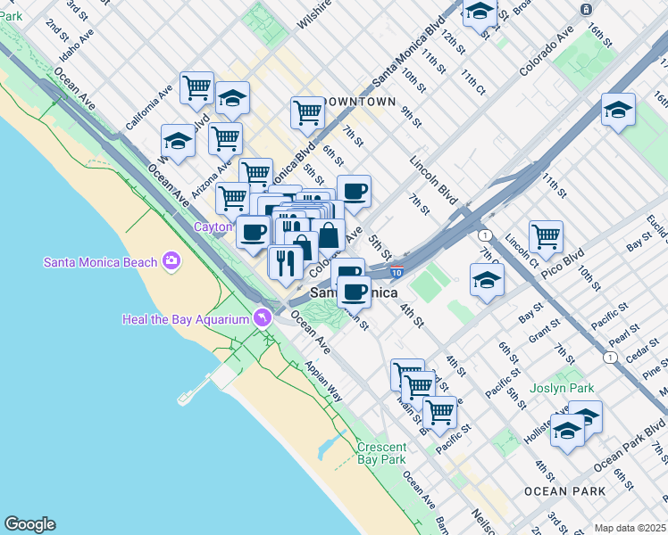 map of restaurants, bars, coffee shops, grocery stores, and more near 303 Colorado Avenue in Santa Monica