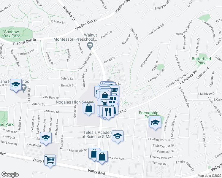 map of restaurants, bars, coffee shops, grocery stores, and more near 3839 Mahogany Street in West Covina