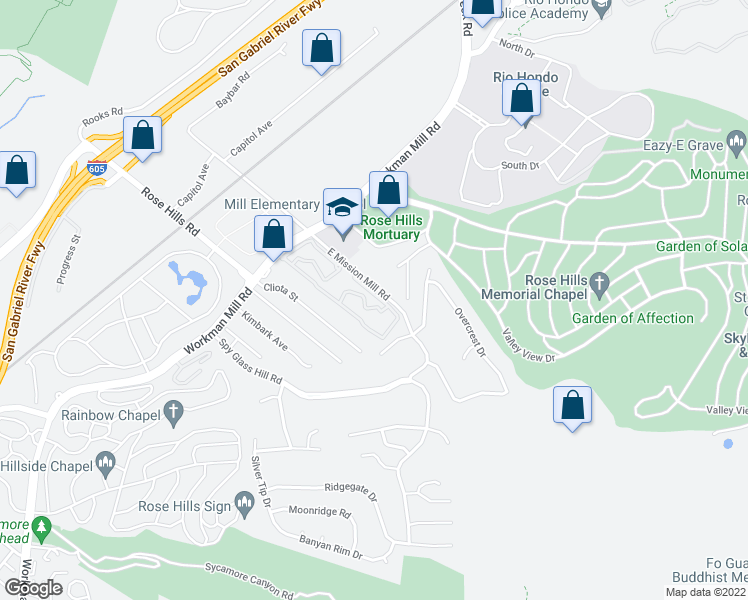 map of restaurants, bars, coffee shops, grocery stores, and more near 4140 Workman Mill Road in Whittier