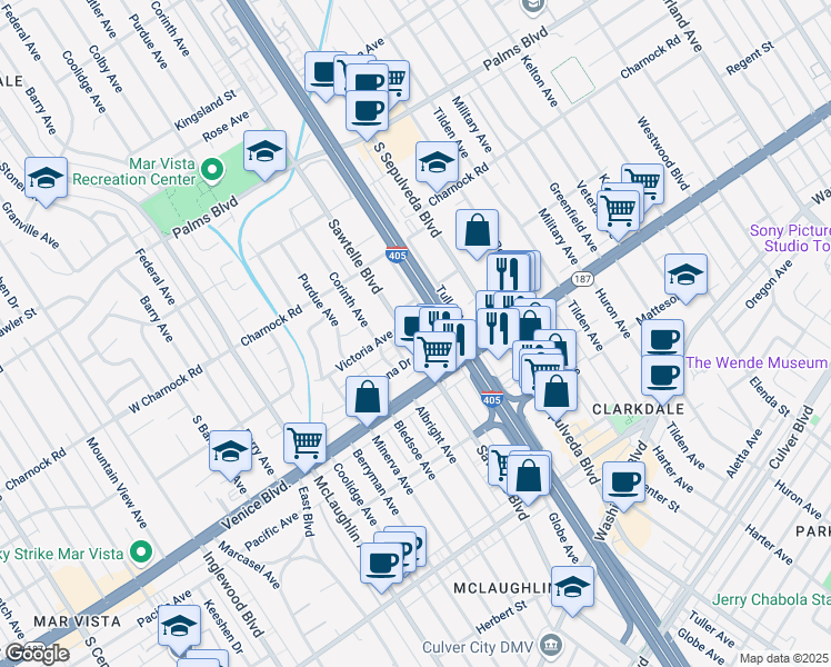 map of restaurants, bars, coffee shops, grocery stores, and more near in Los Angeles