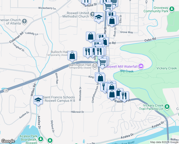 map of restaurants, bars, coffee shops, grocery stores, and more near 504 Barrington Drive in Roswell