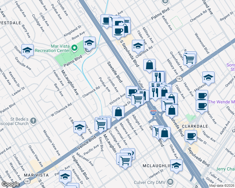 map of restaurants, bars, coffee shops, grocery stores, and more near 11340 Regent Street in Los Angeles
