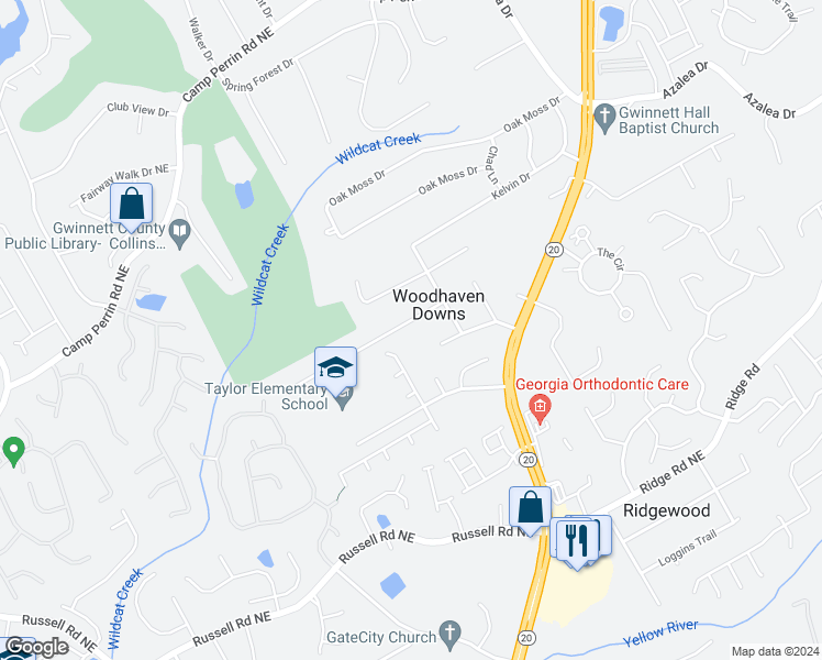 map of restaurants, bars, coffee shops, grocery stores, and more near 641 Saddlewood Drive in Lawrenceville