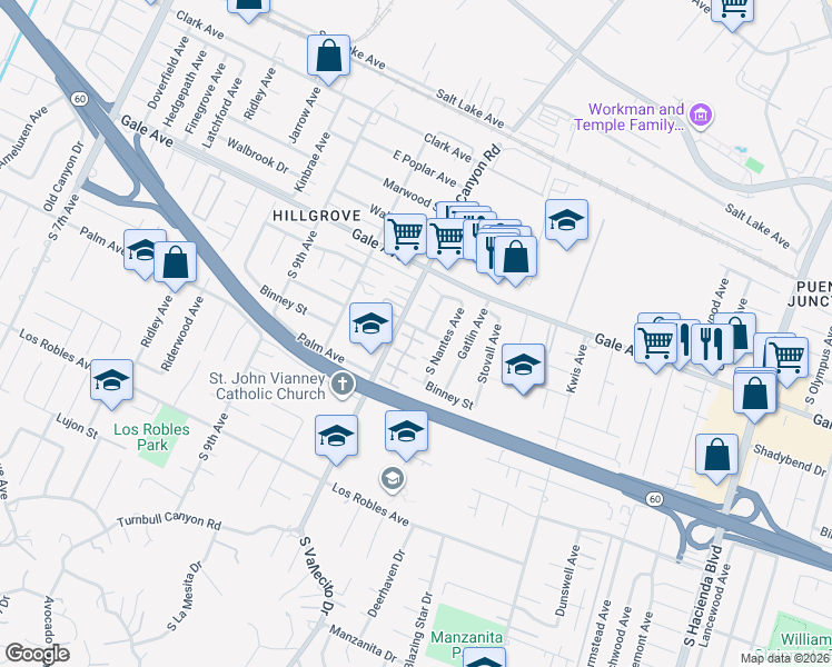map of restaurants, bars, coffee shops, grocery stores, and more near 15210 Shadybend Drive in Hacienda Heights