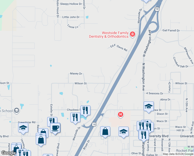 map of restaurants, bars, coffee shops, grocery stores, and more near 2218 Wilson Street in Durant
