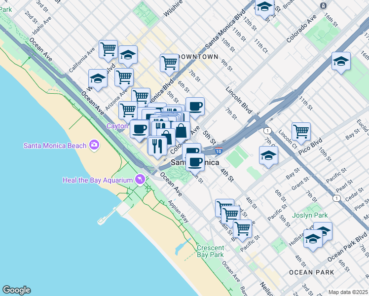map of restaurants, bars, coffee shops, grocery stores, and more near 303 Colorado Avenue in Santa Monica