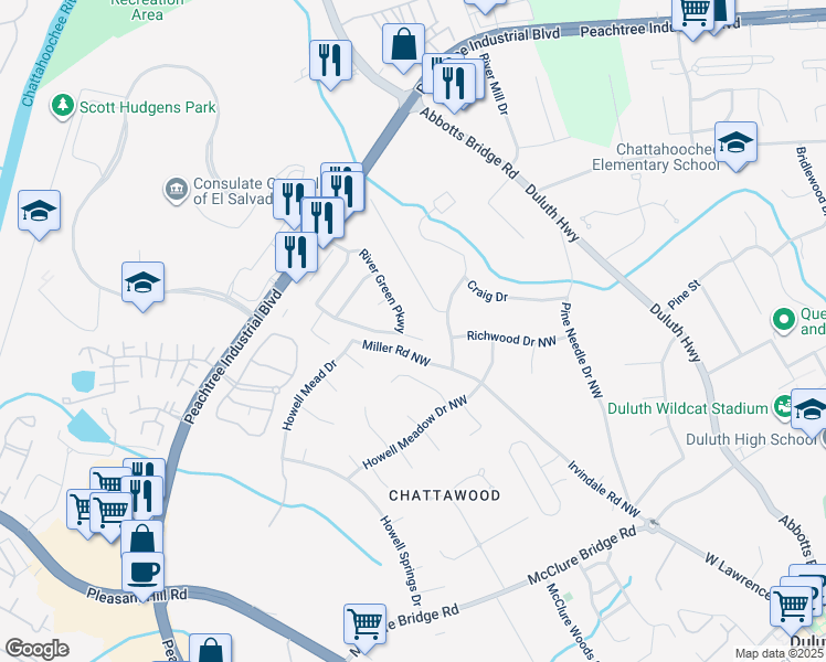 map of restaurants, bars, coffee shops, grocery stores, and more near 3939 Berwick Farm Drive in Duluth
