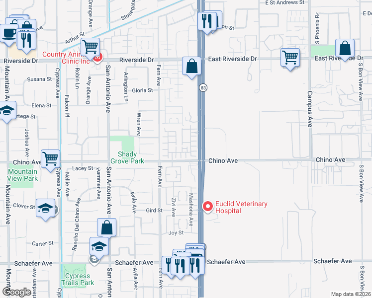 map of restaurants, bars, coffee shops, grocery stores, and more near 6993 Vining Street in Chino