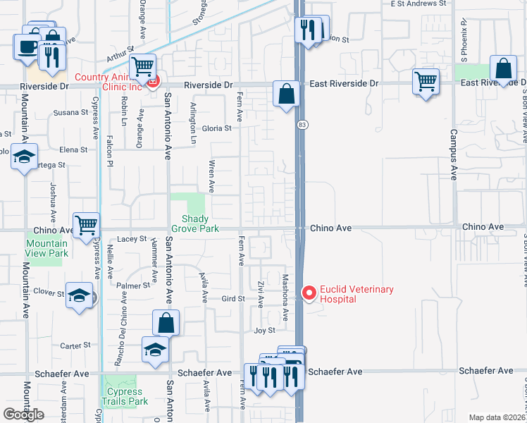 map of restaurants, bars, coffee shops, grocery stores, and more near 6993 Vining Street in Chino