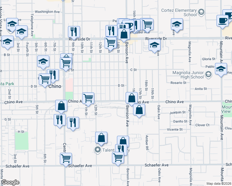 map of restaurants, bars, coffee shops, grocery stores, and more near 13265 13th Street in Chino