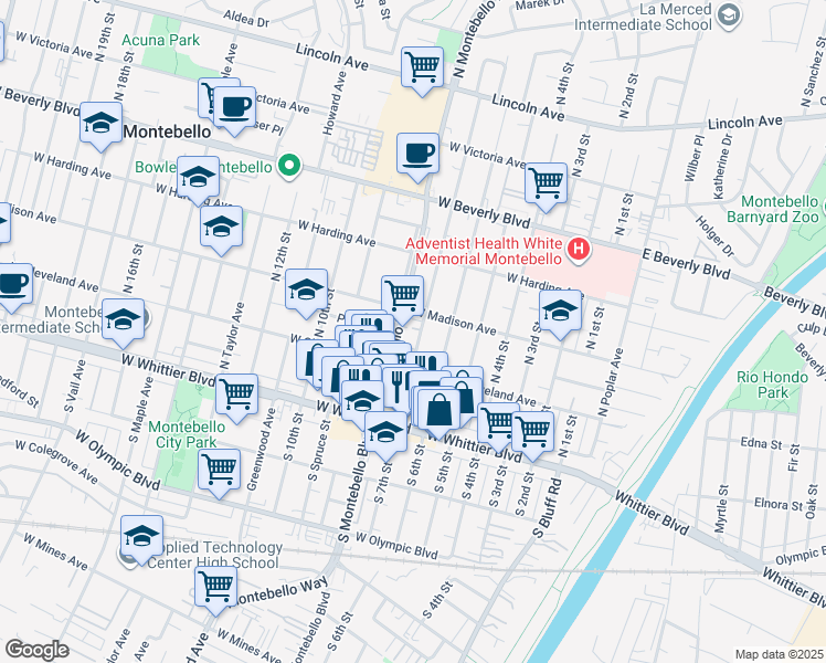 map of restaurants, bars, coffee shops, grocery stores, and more near 225 North 7th Street in Montebello