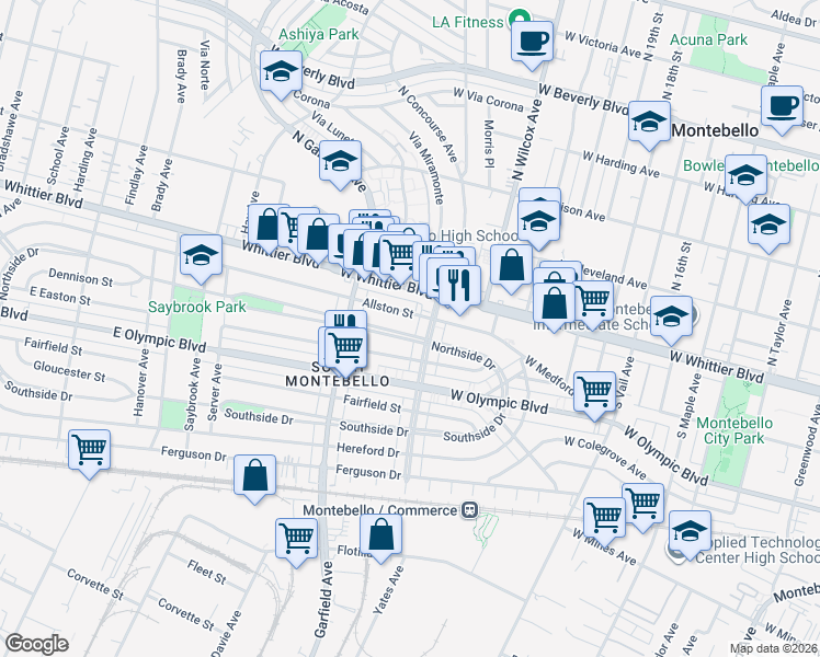 map of restaurants, bars, coffee shops, grocery stores, and more near 6674 Northside Drive in East Los Angeles
