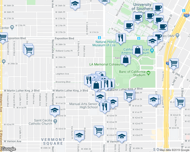 map of restaurants, bars, coffee shops, grocery stores, and more near 1041 Browning Boulevard in Los Angeles