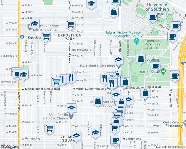 map of restaurants, bars, coffee shops, grocery stores, and more near 3965 1/2 South Budlong Avenue in Los Angeles