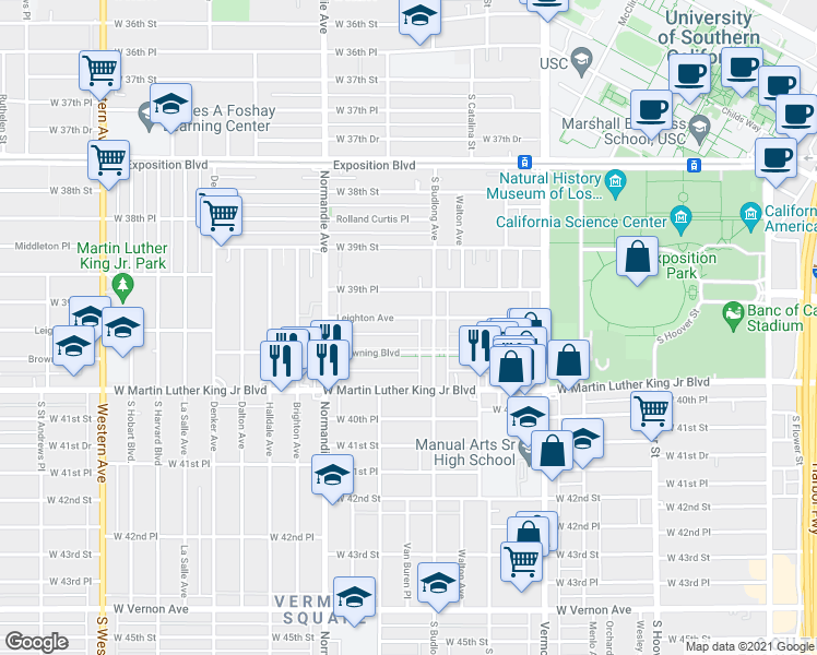 map of restaurants, bars, coffee shops, grocery stores, and more near 1203 Browning Boulevard in Los Angeles