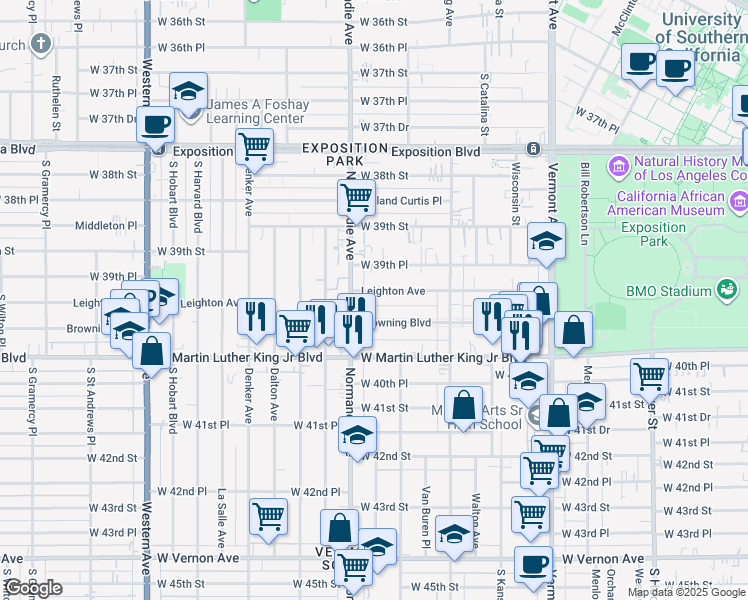 map of restaurants, bars, coffee shops, grocery stores, and more near 1253 1/2 Browning Boulevard in Los Angeles