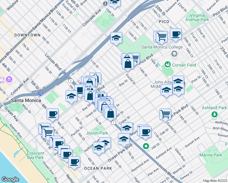 map of restaurants, bars, coffee shops, grocery stores, and more near 1027 Grant Street in Santa Monica