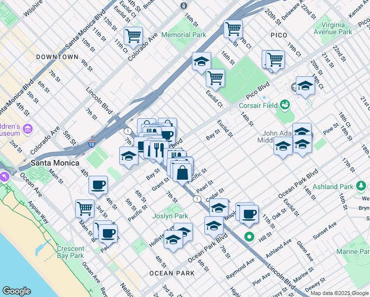 map of restaurants, bars, coffee shops, grocery stores, and more near 1926 10th Street in Santa Monica