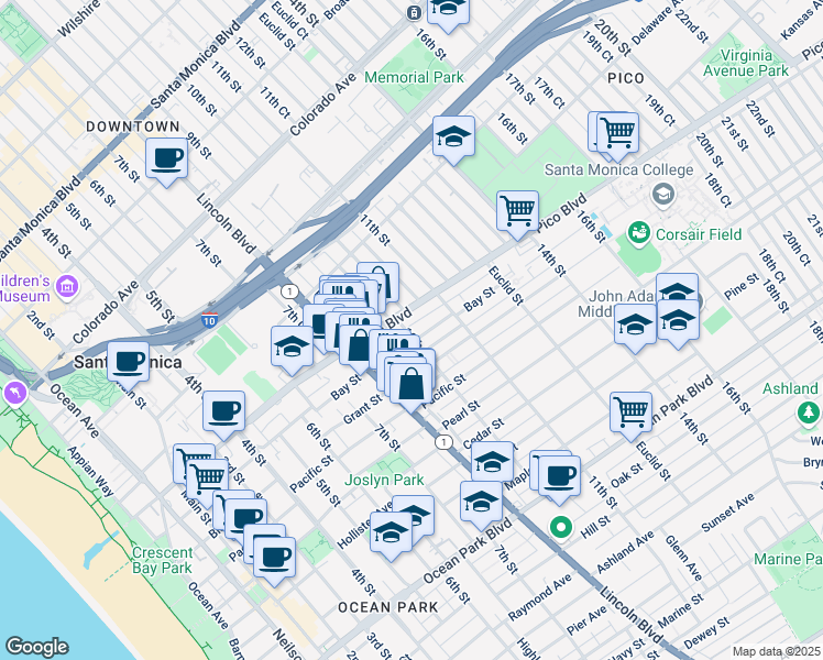 map of restaurants, bars, coffee shops, grocery stores, and more near 1926 10th Street in Santa Monica