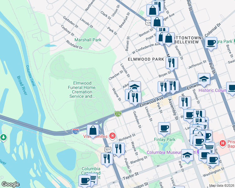 map of restaurants, bars, coffee shops, grocery stores, and more near 2225 Wayne Street in Columbia