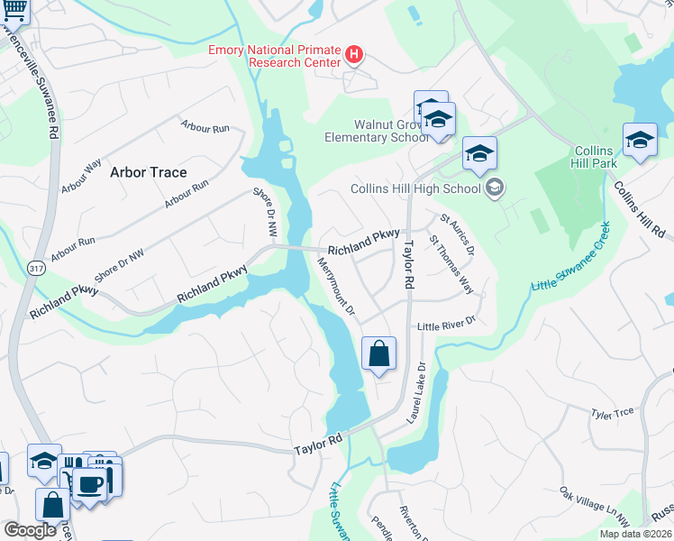 map of restaurants, bars, coffee shops, grocery stores, and more near 2357 Merrymount Drive in Suwanee