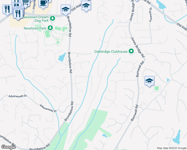 map of restaurants, bars, coffee shops, grocery stores, and more near 3450 Merganser Lane in Alpharetta