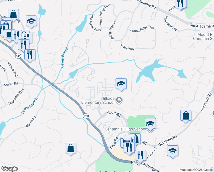map of restaurants, bars, coffee shops, grocery stores, and more near 320 Glen Reserve in Roswell