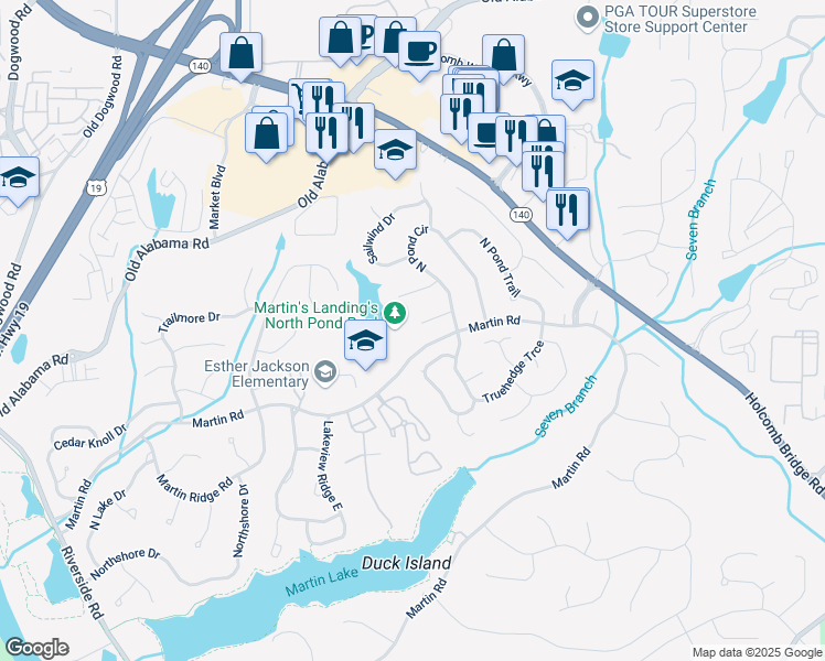 map of restaurants, bars, coffee shops, grocery stores, and more near 150 North Pond Court in Roswell
