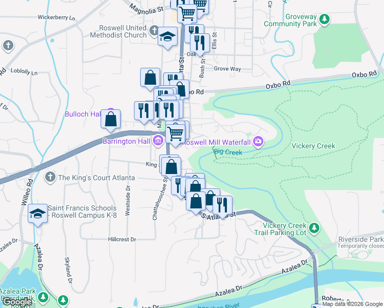 map of restaurants, bars, coffee shops, grocery stores, and more near 322 Creek View Lane in Roswell